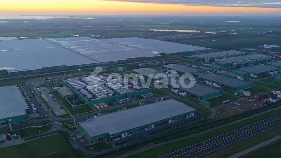 Aerial view of a data center campus at dusk